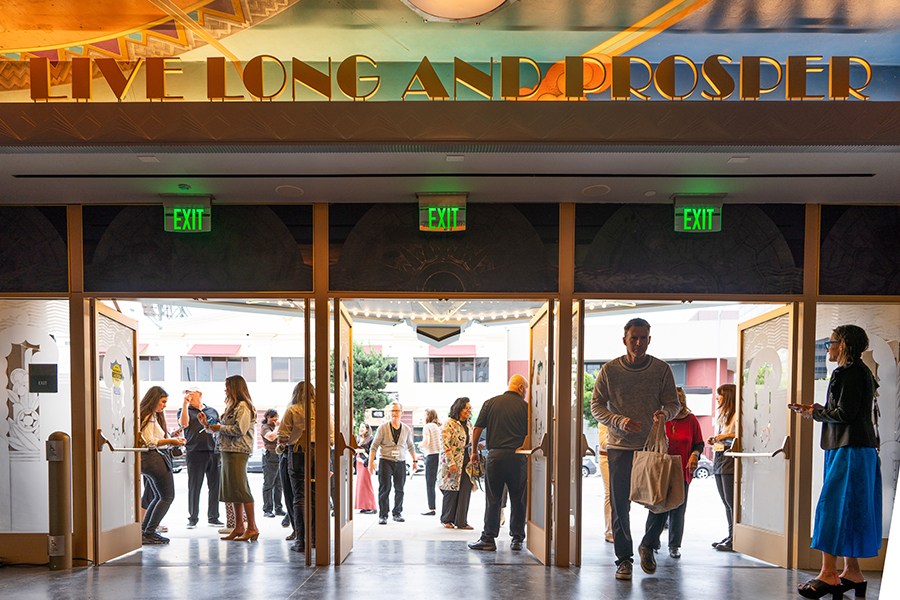 Photo of The Nimoy lobby's interior front entrance, including the 'Live Long And Prosper' sign above the doors