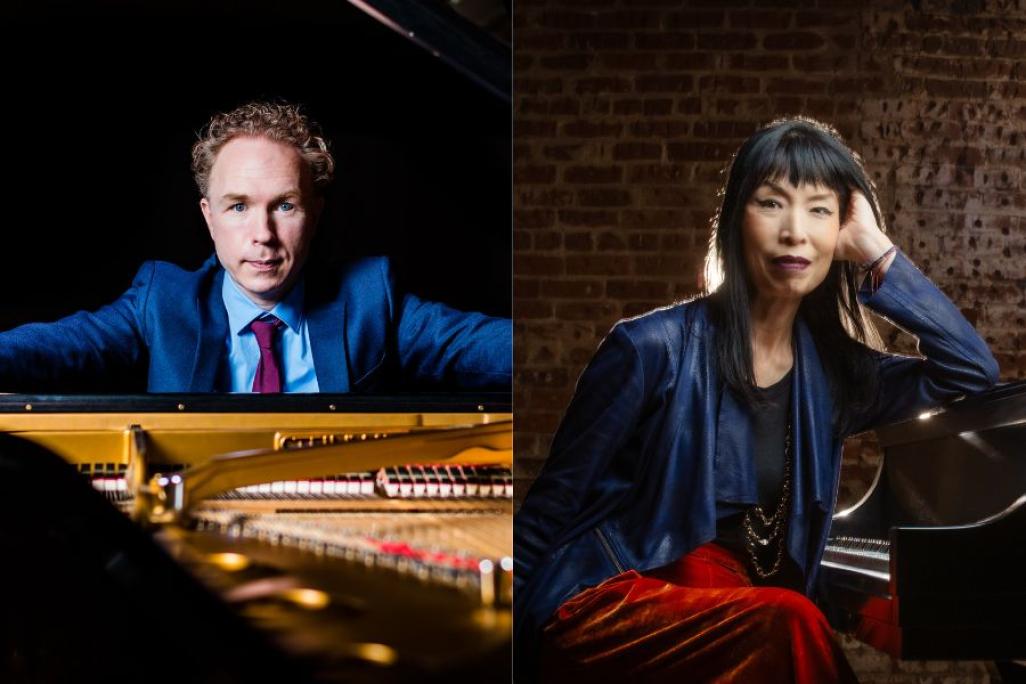 Split image of Ralph van Raat sitting at a piano and a portrait of Gloria Cheng posed