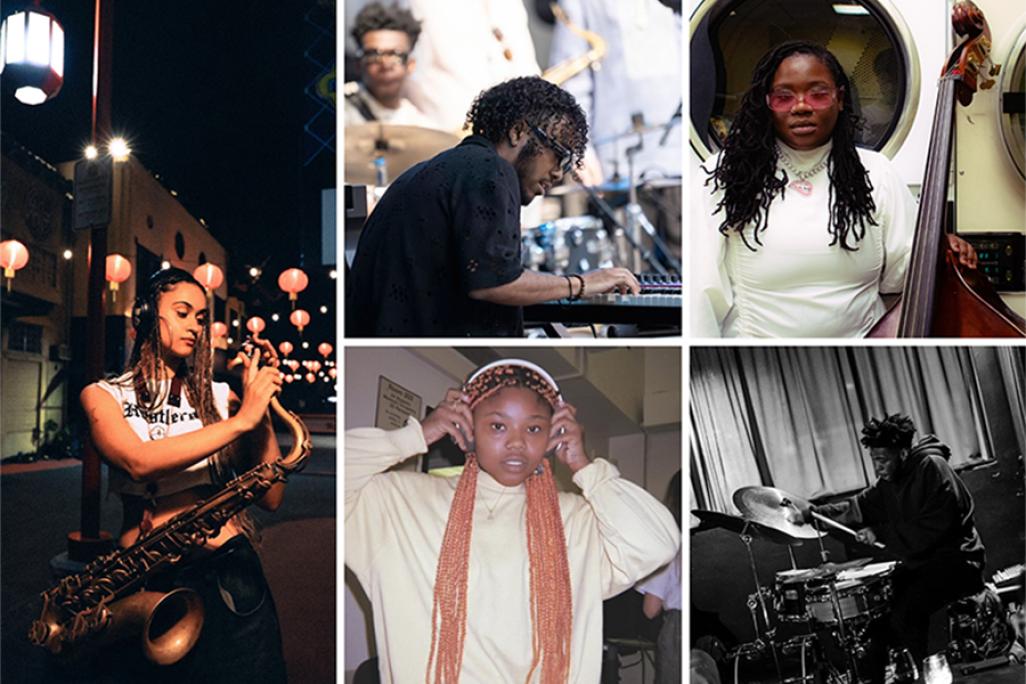 a collage of performing artists featuring a poet and musicians from the UCLA Global Jazz Studies Department and the Herbie Hancock Institute of Jazz including Camille Kerani, tenor saxophone; Miles Lennox, piano; Destiny Diggs, bass; Jamiah Lincoln, poet; and Ebs Daramola, drums