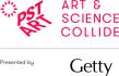 Logo for PST: ART AND SCIENCE COLLIDE in red text above text reading 'presented by Getty' below in black text