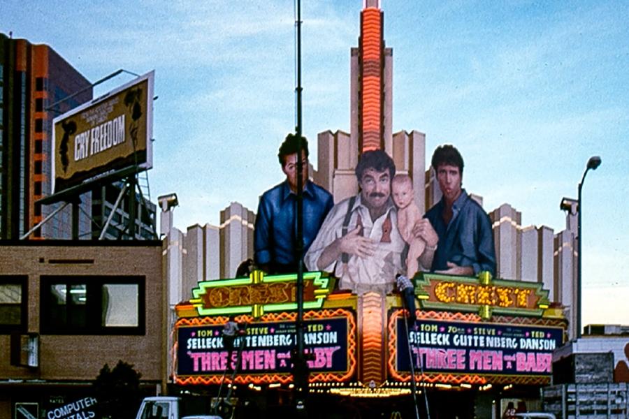 Image of The Crest Theater with a billboard for 'Three Men and a Baby' - photo courtesy of the Ronald W. Mahan Collection