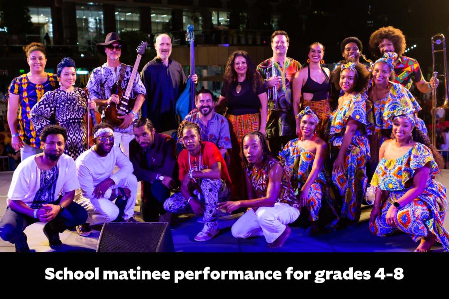 Image of members of Extra Ancestral with text in bottom of frame that reads 'School matinee performance for grades 4-8'