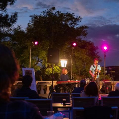 Musicians play on the Royce Hall terrace