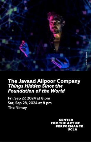 program cover for The Javaad Alipoor Company featuring image of Javaad Alipoor standing lit by multicolor lights