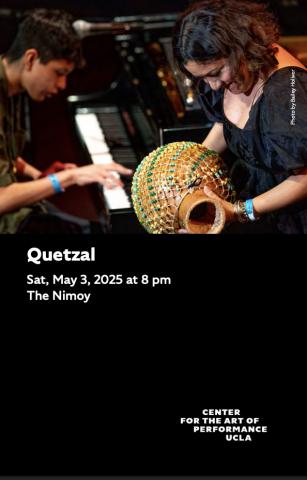 Program cover for Quetzal featuring image of Martha Gonzalez performing on stage in foreground with pianist in background