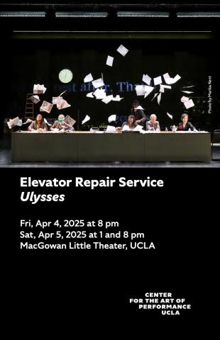 Program cover for Ulysses featuring cast members sitting at a long table, throwing papers in the air
