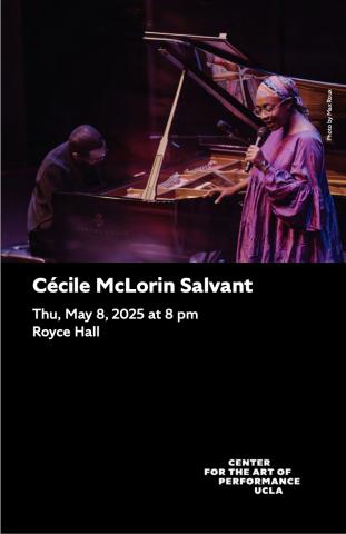 Program cover for Cécile McLorin Salvant, featuring image of Salvant wearing a purple gown, performing on stage next to a pianist